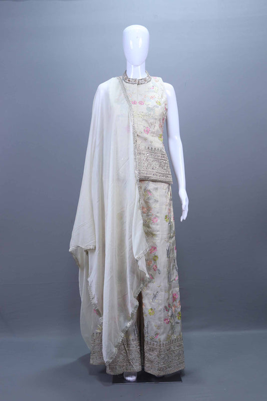  Off-White Floral Embroidered Sharara Set with Dupatta 