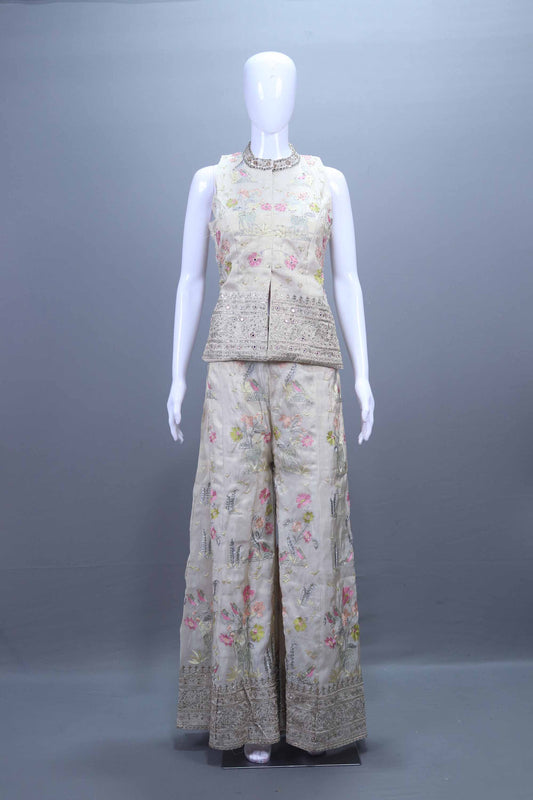 Off-White Floral Embroidered Sharara Set with Dupatta