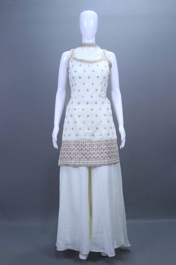 Off-White Embroidered Kurti with Palazzo Set Designer Party Wear