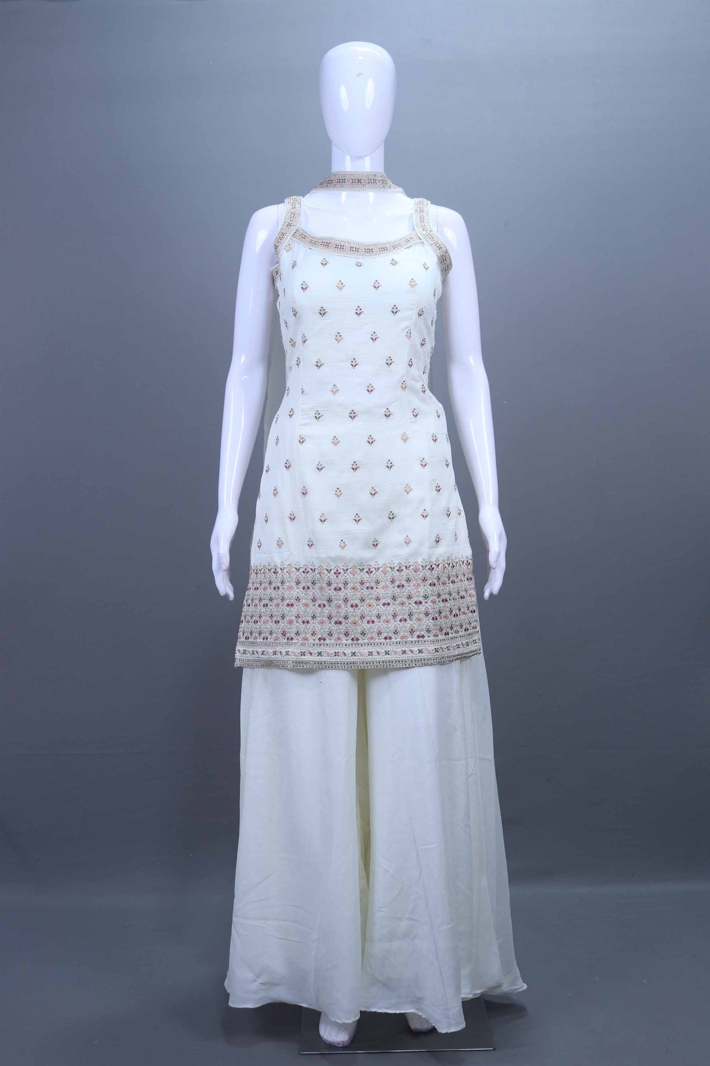 Off-White Embroidered Kurti with Palazzo Set Designer Party Wear