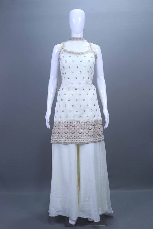 Off-White Embroidered Kurti with Palazzo Set Designer Party Wear