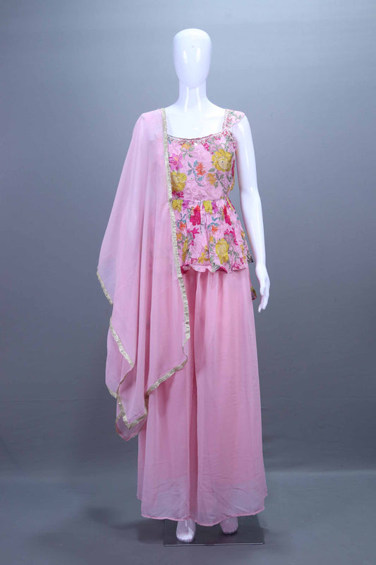Pink Floral Printed Peplum Kurti with Palazzo Dupatta Set