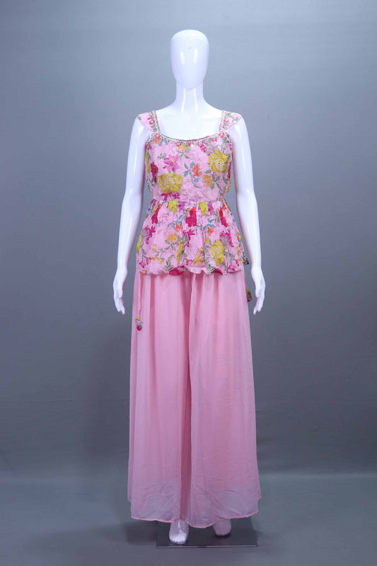 Pink Floral Printed Peplum Kurti with Palazzo Dupatta Set