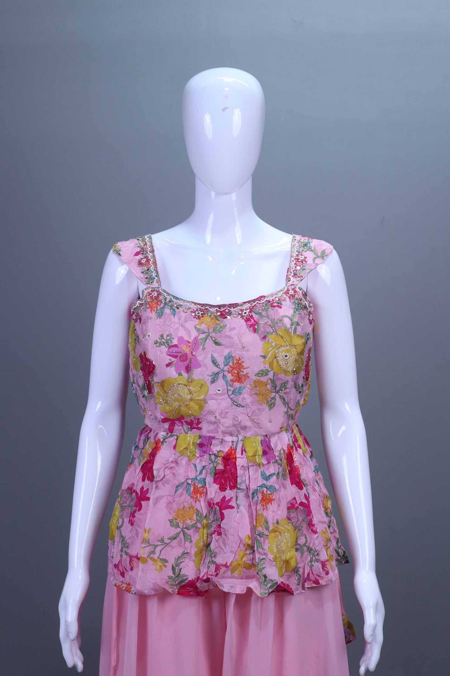 Pink Floral Printed Peplum Kurti with Palazzo Dupatta Set