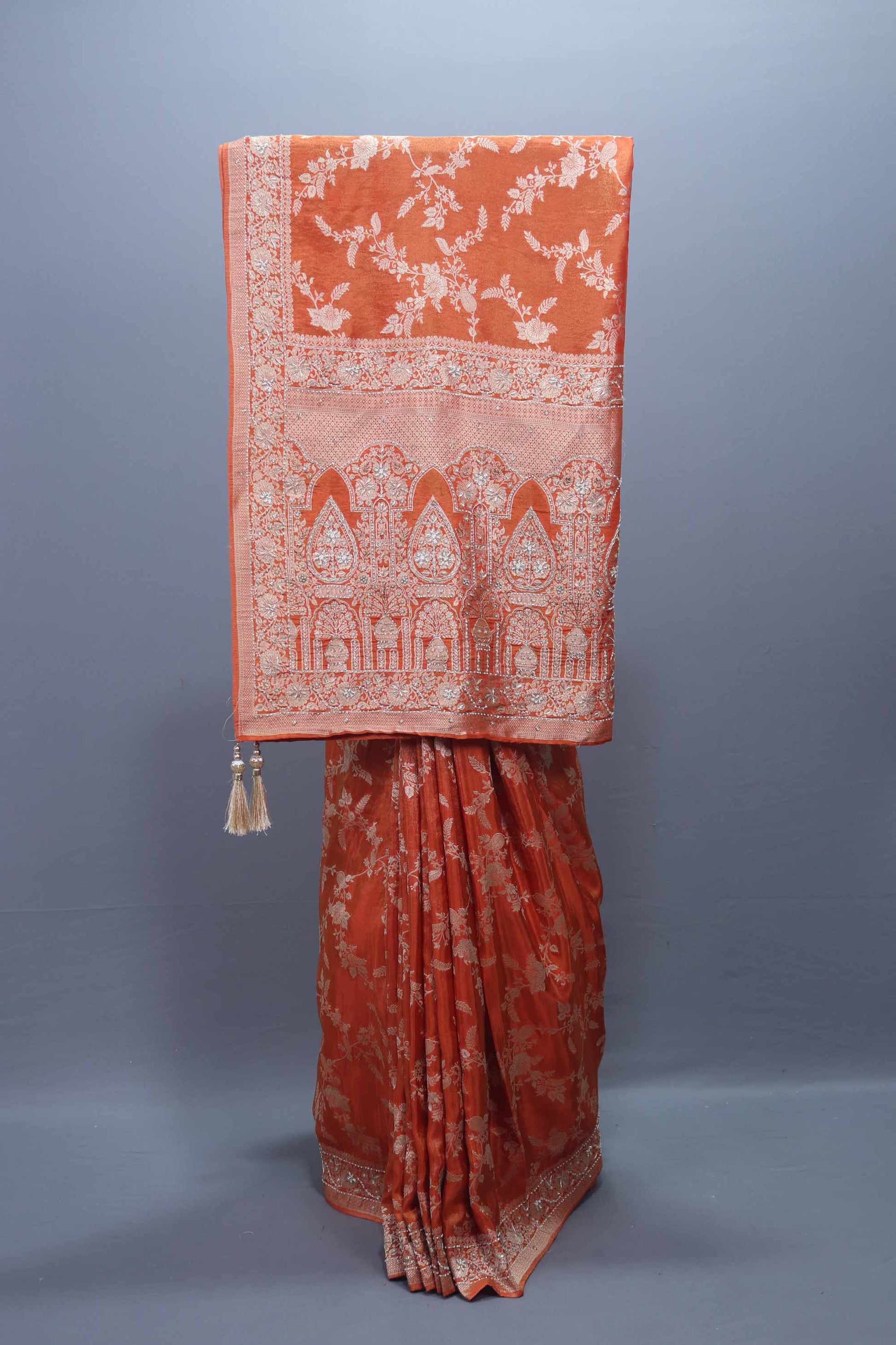 Designer Rust Orange Saree with Heavy Embroidery and Decorative Pallu