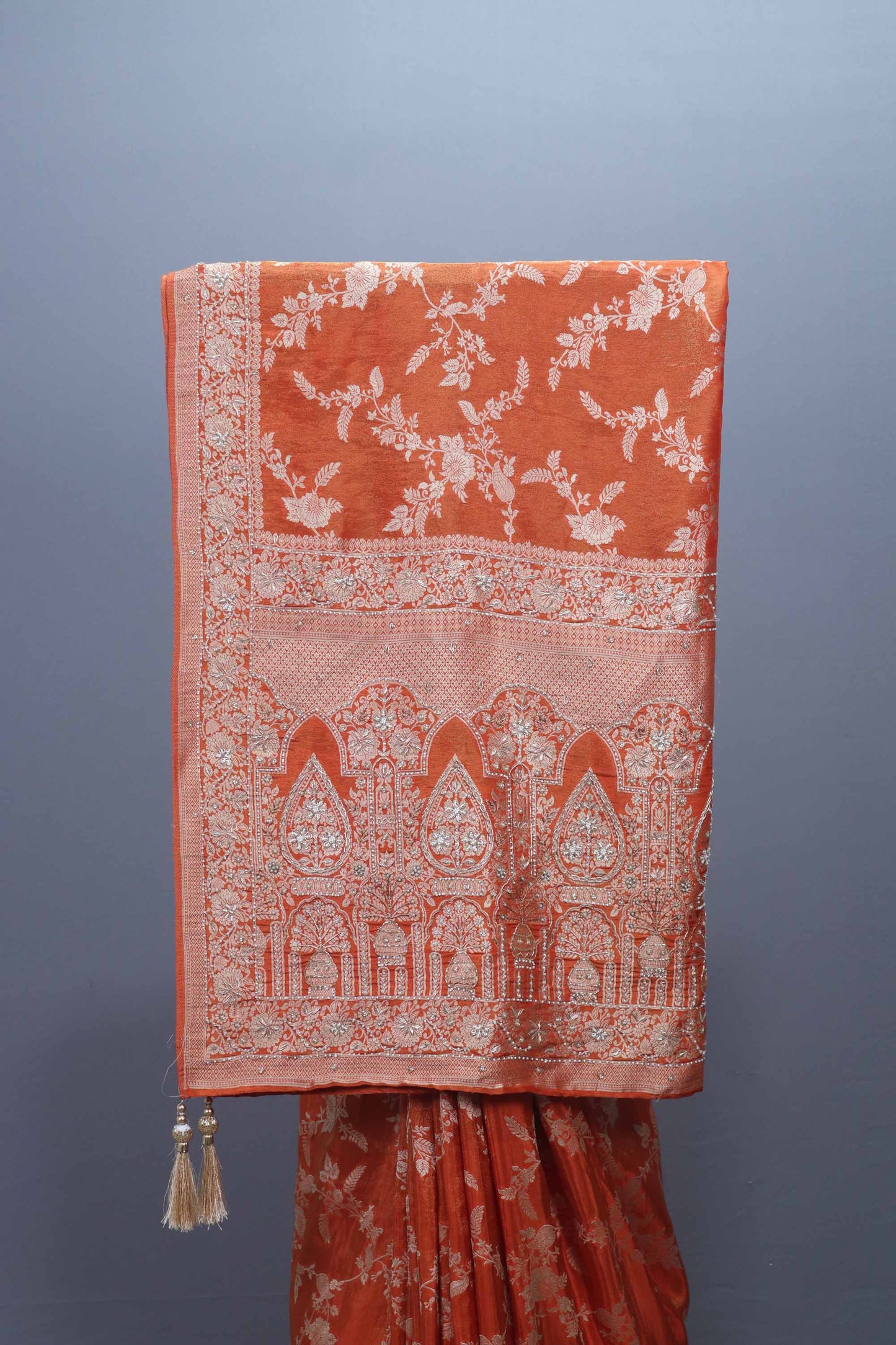 Designer Rust Orange Saree with Heavy Embroidery and Decorative Pallu