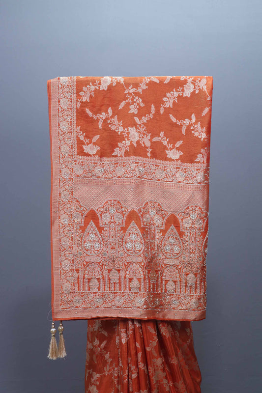 Designer Rust Orange Saree with Heavy Embroidery and Decorative Pallu