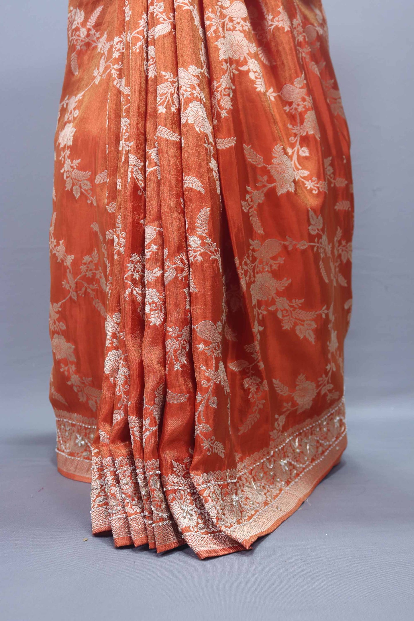 Designer Rust Orange Saree with Heavy Embroidery and Decorative Pallu
