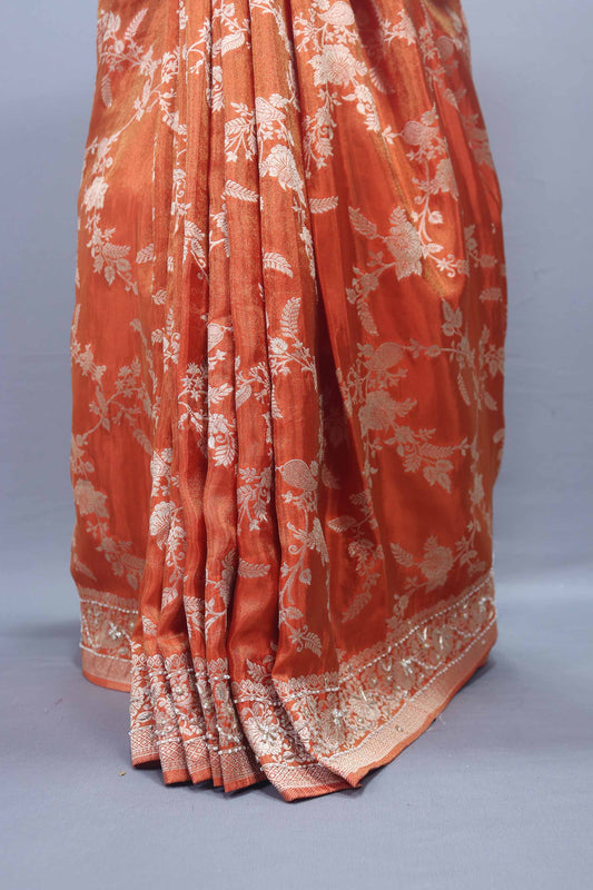 Designer Rust Orange Saree with Heavy Embroidery and Decorative Pallu
