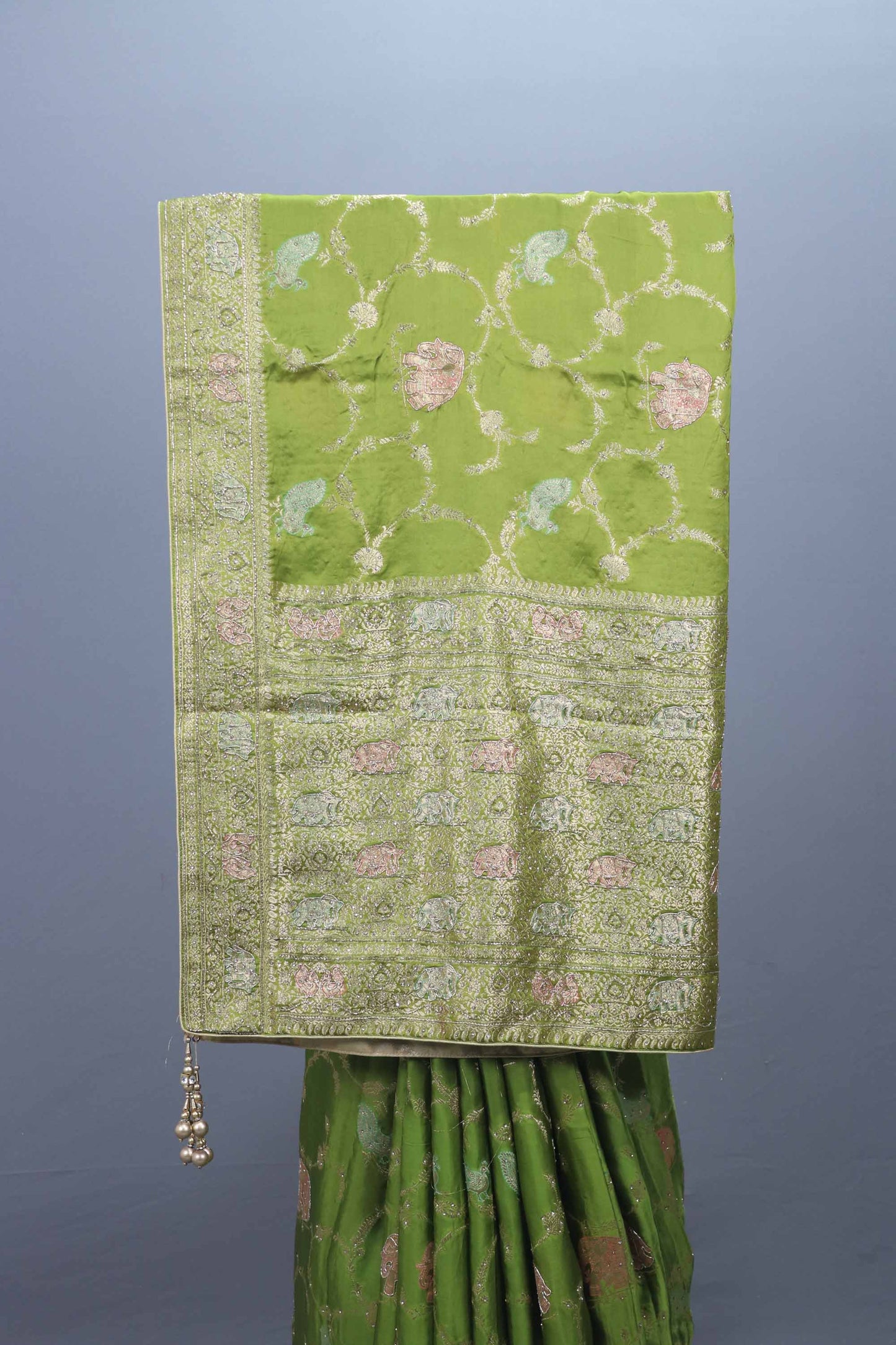 Designer Parrot Green Saree with Intricate Embroidery and Rich Pallu