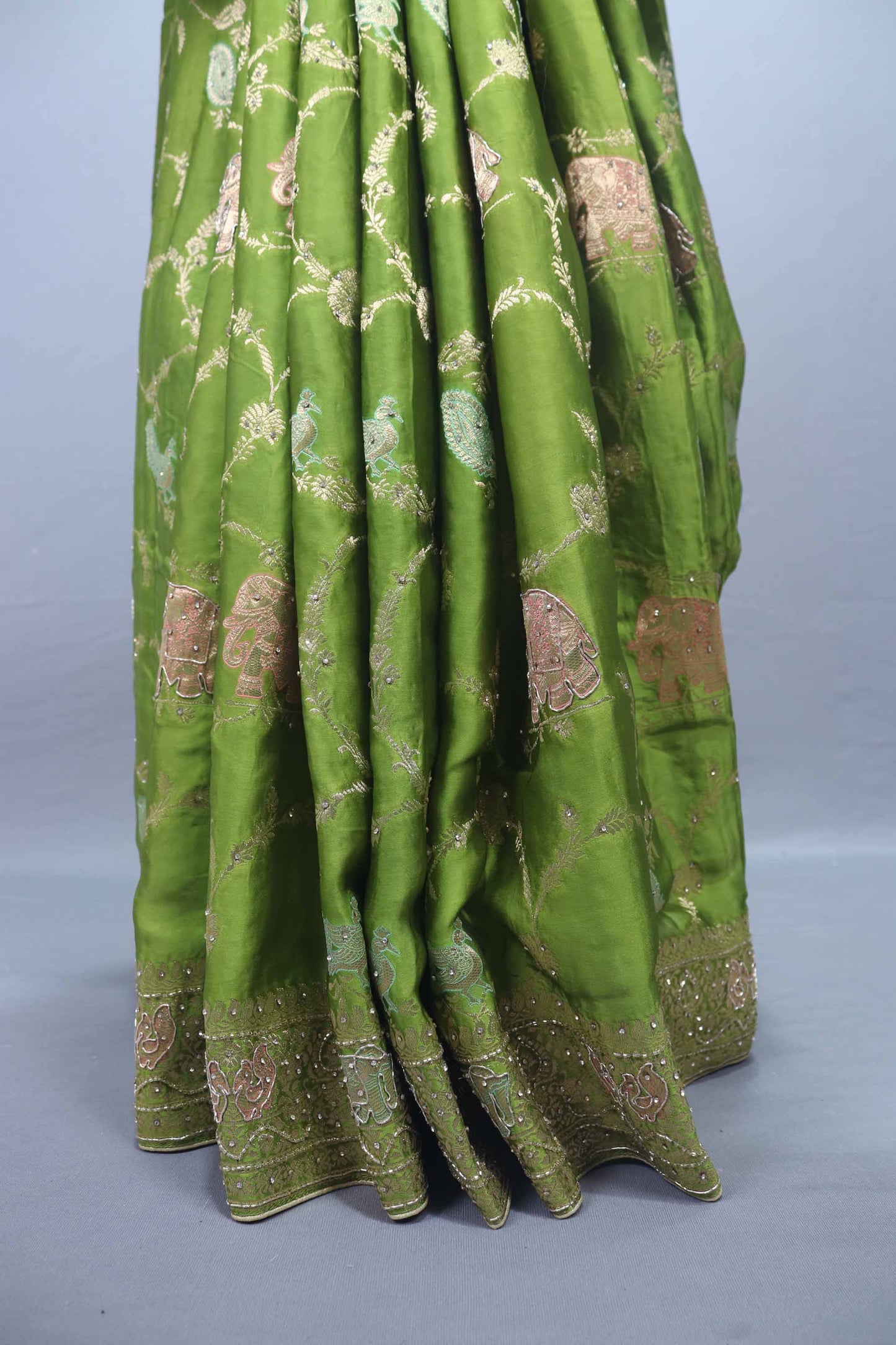 Designer Parrot Green Saree with Intricate Embroidery and Rich Pallu