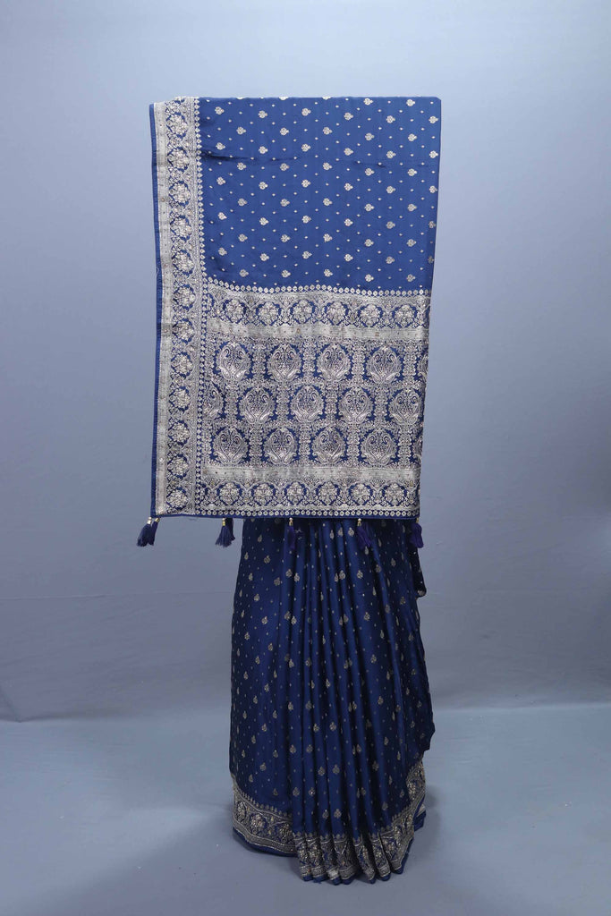 Navy Blue Embroidered Saree with Heavy Silver Border Tassel Pallu 