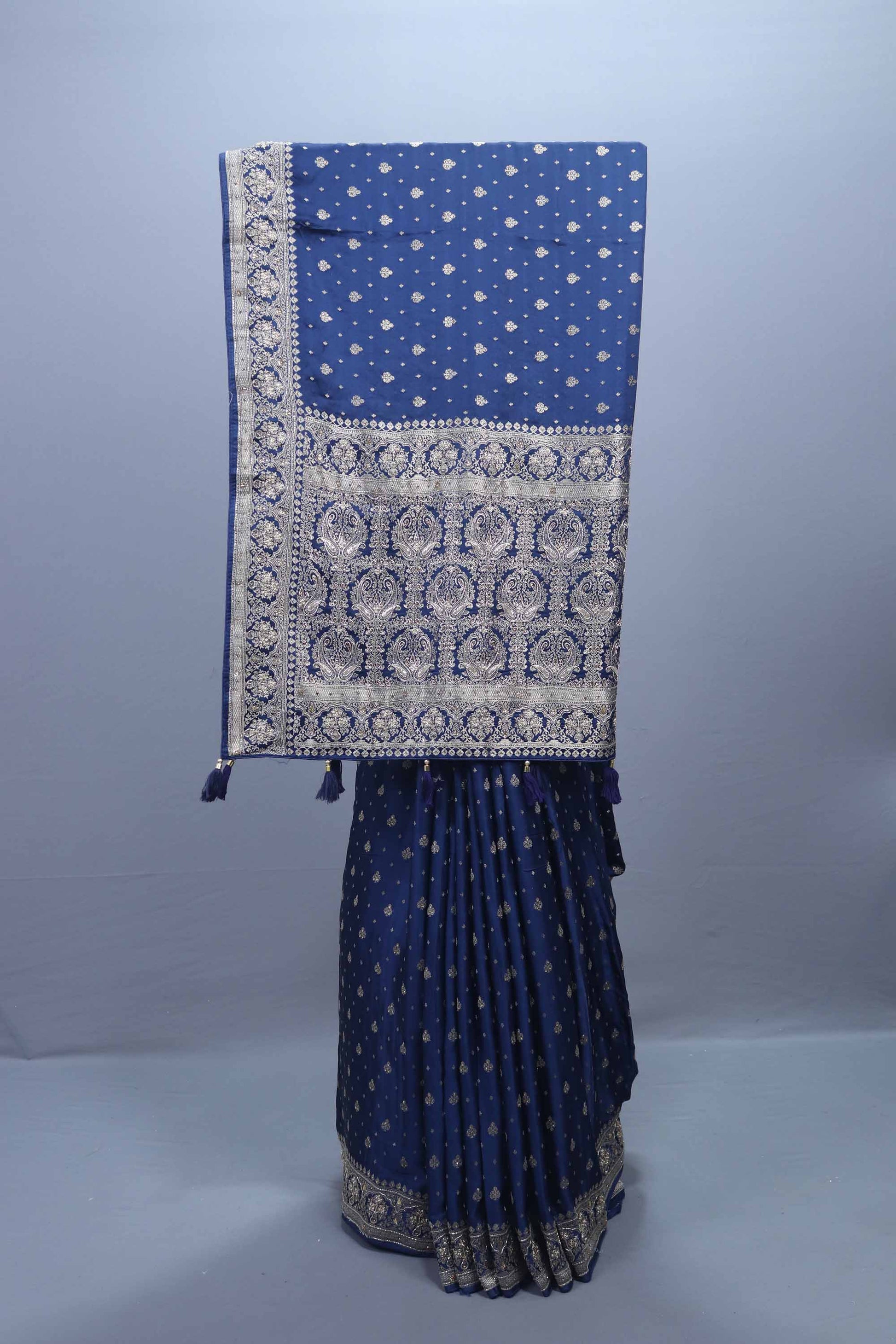 Navy Blue Embroidered Saree with Heavy Silver Border Tassel Pallu 