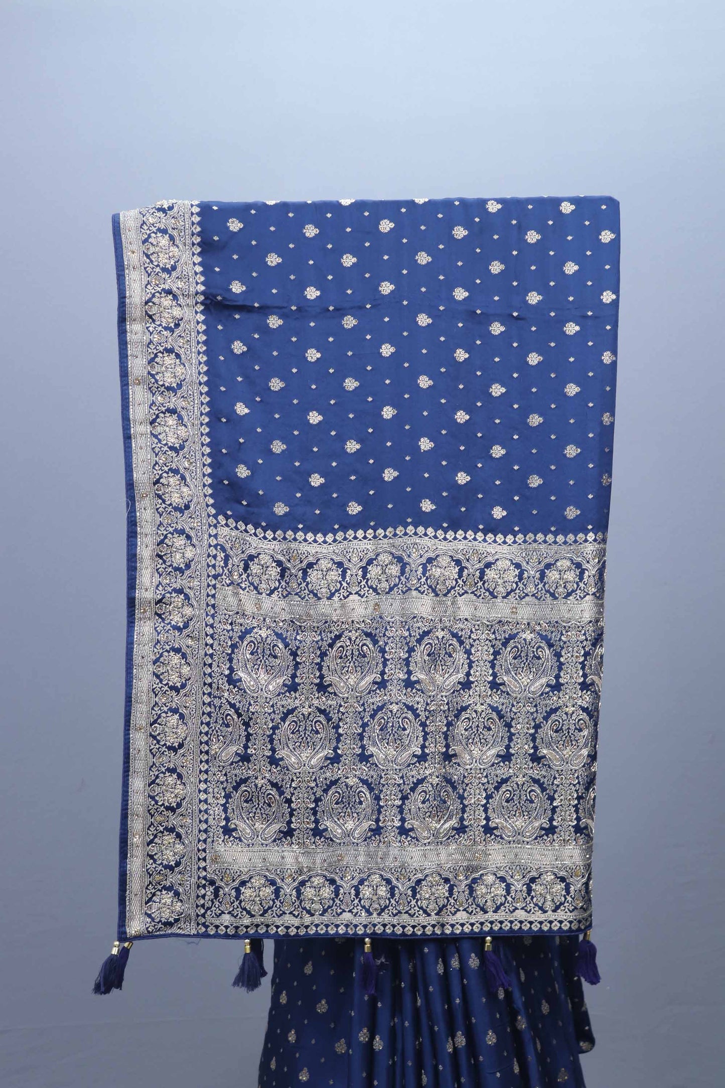 Navy Blue Embroidered Saree with Heavy Silver Border Tassel Pallu