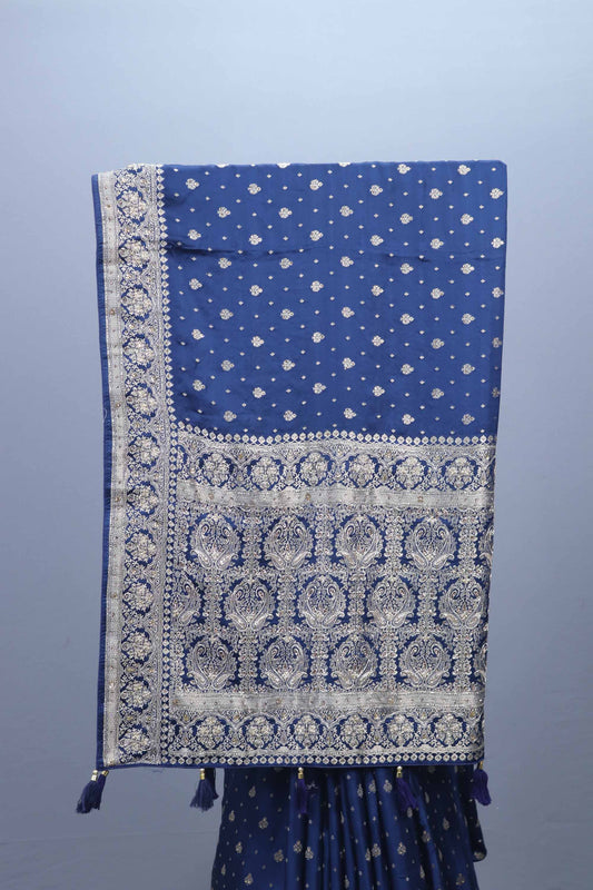 Navy Blue Embroidered Saree with Heavy Silver Border Tassel Pallu