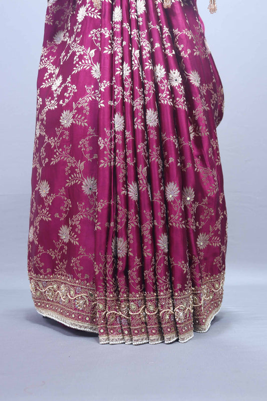 Wine Purple Embroidered Saree with Heavy Border Tassel Pallu