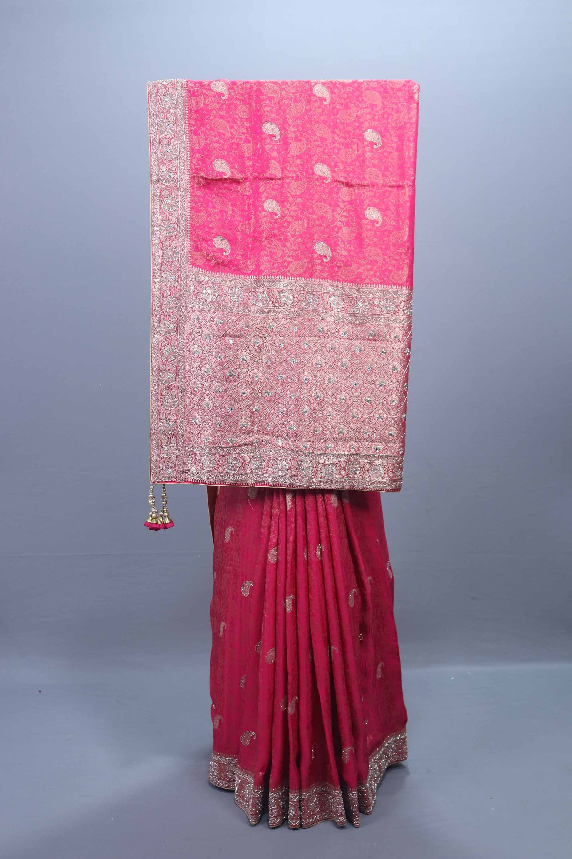 Rani Pink Embroidered Saree with Heavy Silver Border Tassel Pallu 