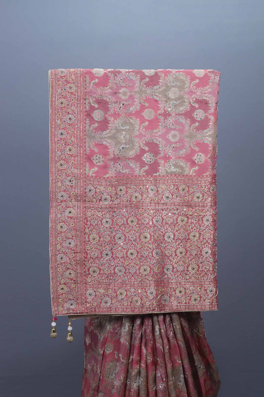 Pink Banarasi Silk Saree Rich Traditional Border Festive Wear