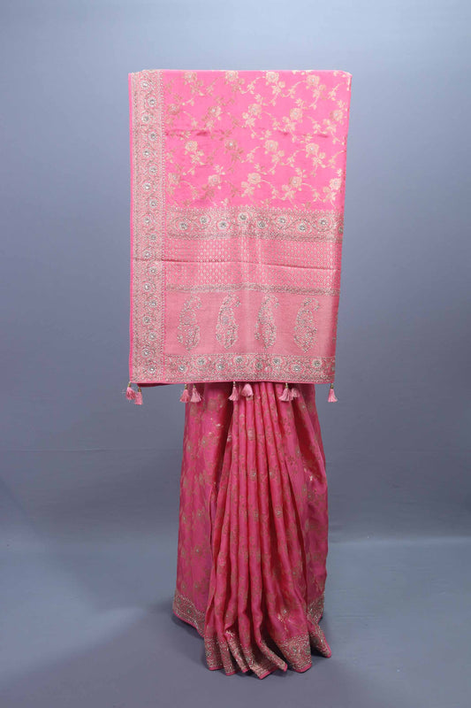 Hot Pink Banarasi Silk Saree with Elegant Zari Ornate Border Tassel Pallu