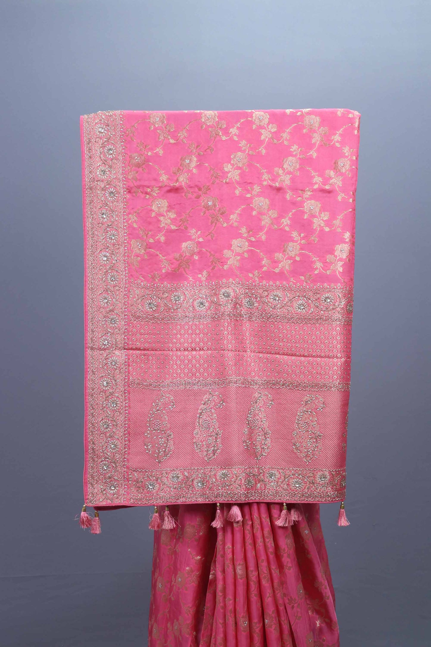 Hot Pink Banarasi Silk Saree with Elegant Zari Ornate Border Tassel Pallu