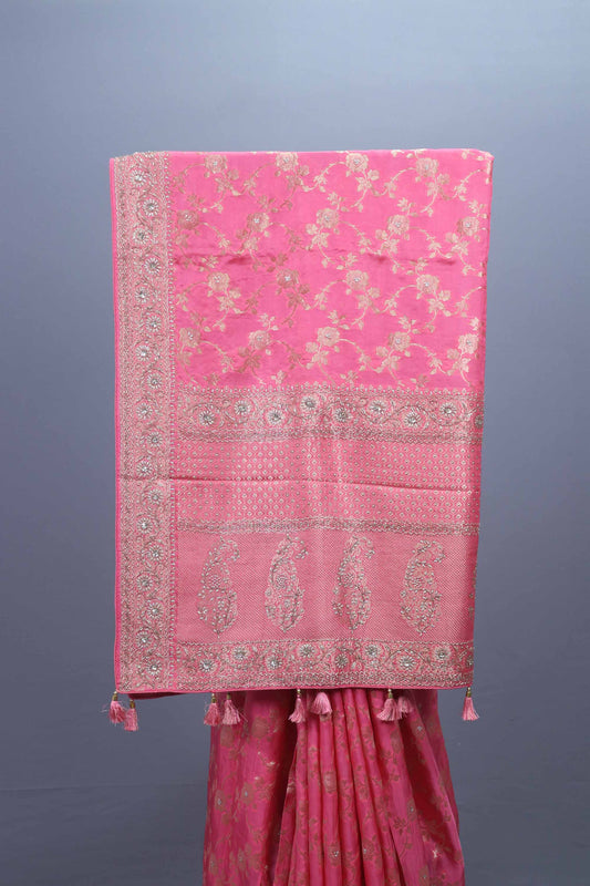 Hot Pink Banarasi Silk Saree with Elegant Zari Ornate Border Tassel Pallu