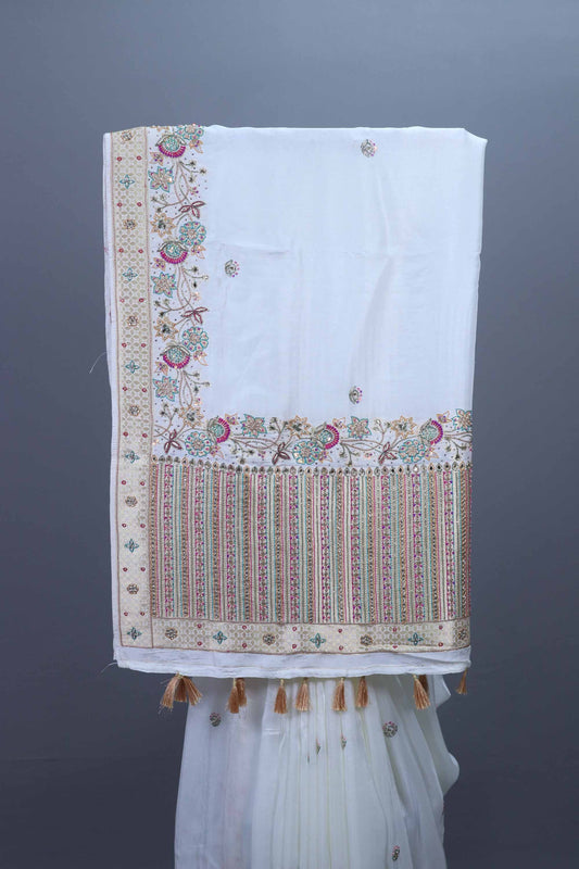 White Banarasi Silk Saree Zari Embroidery Pallu Tassel Border