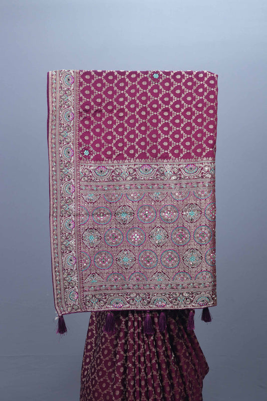 Wine Purple Banarasi Silk Saree with Zari Heavy Traditional Border Tassel Pallu