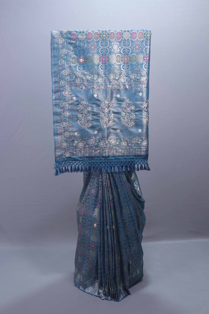 Blue Banarasi Brocade Silk Saree with Zari Weaving Rich Pallu Design