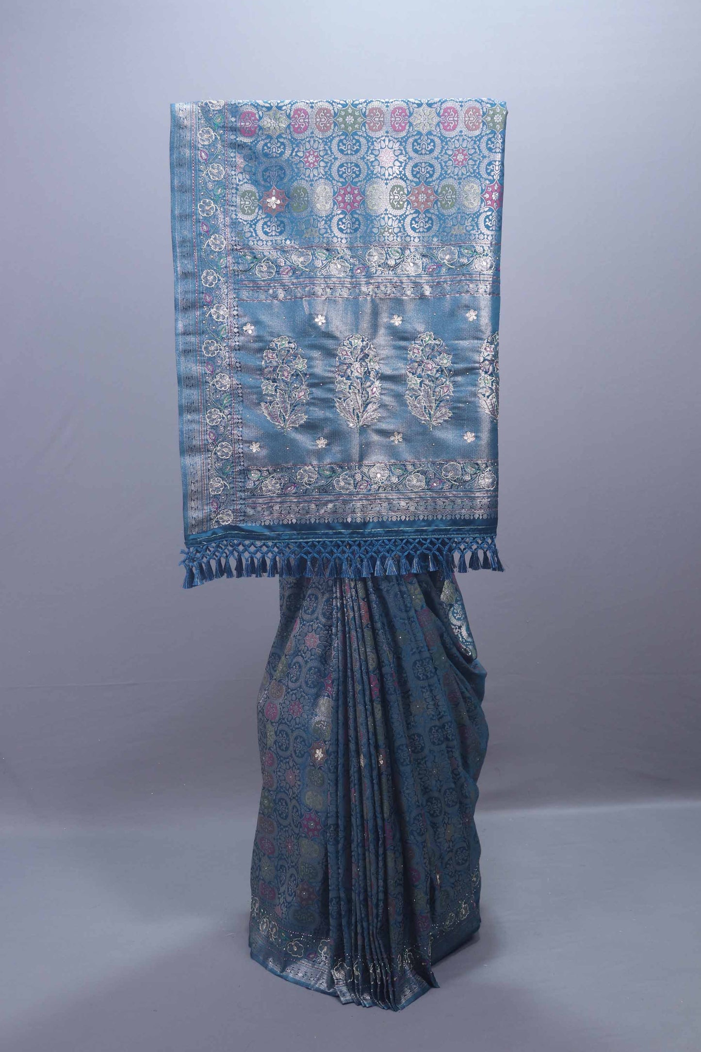  Blue Banarasi Brocade Silk Saree with Zari Weaving Rich Pallu Design