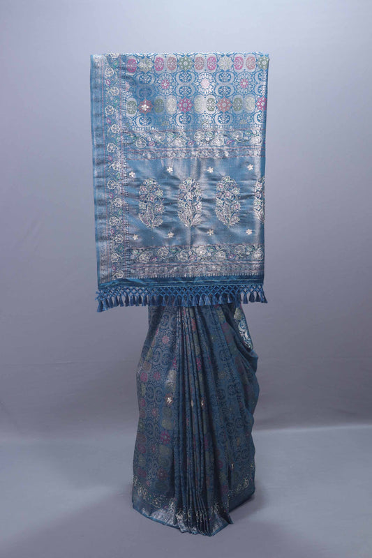  Blue Banarasi Brocade Silk Saree with Zari Weaving Rich Pallu Design