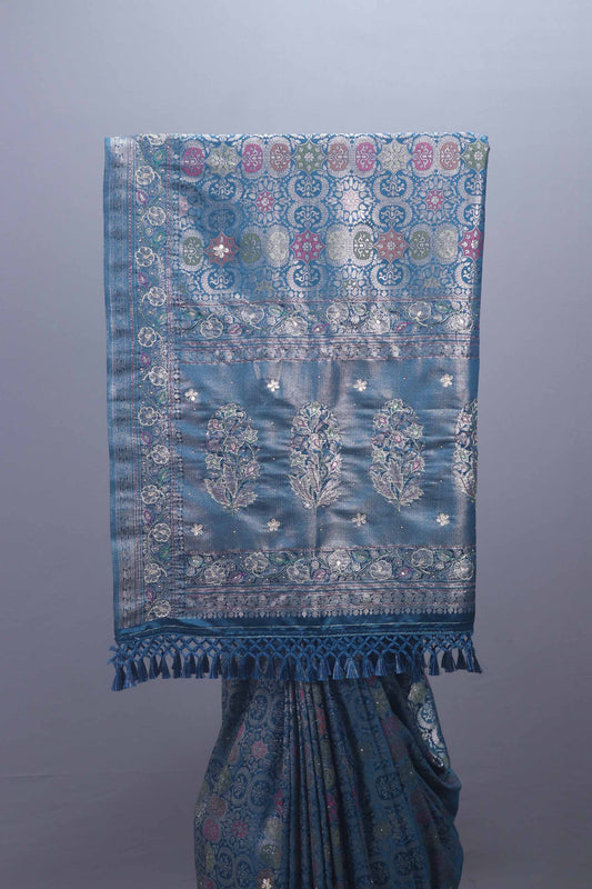 Blue Banarasi Brocade Silk Saree with Zari Weaving Rich Pallu Design