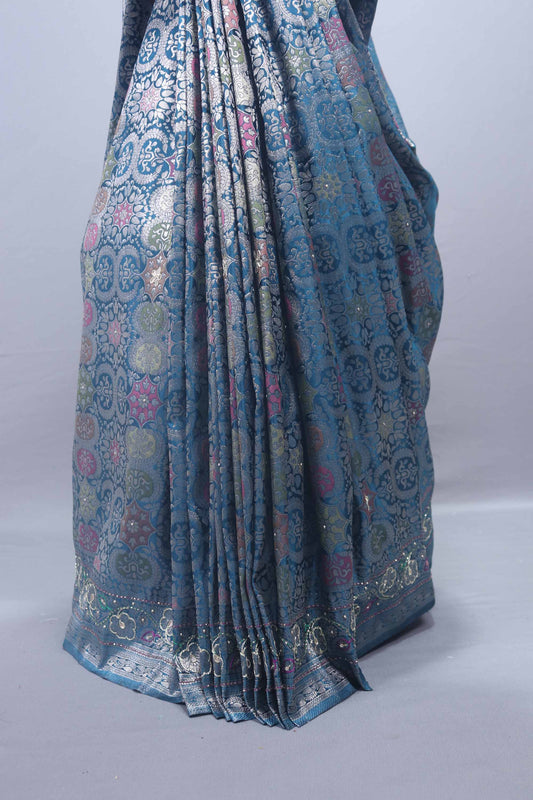 Blue Banarasi Brocade Silk Saree with Zari Weaving Rich Pallu Design