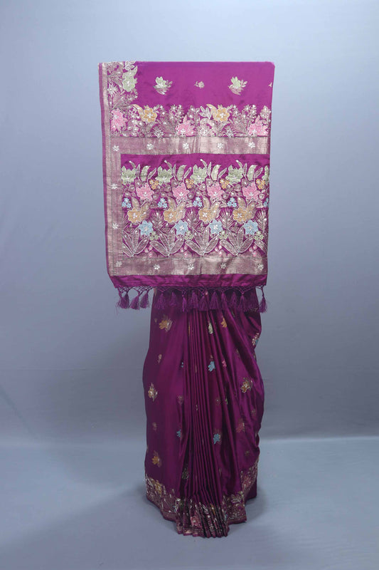 Magenta Banarasi Silk Saree with Multicolour Floral Zari Rich Designer Pallu