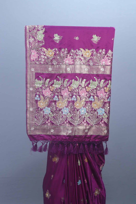 Magenta Banarasi Silk Saree with Multicolour Floral Zari Rich Designer Pallu