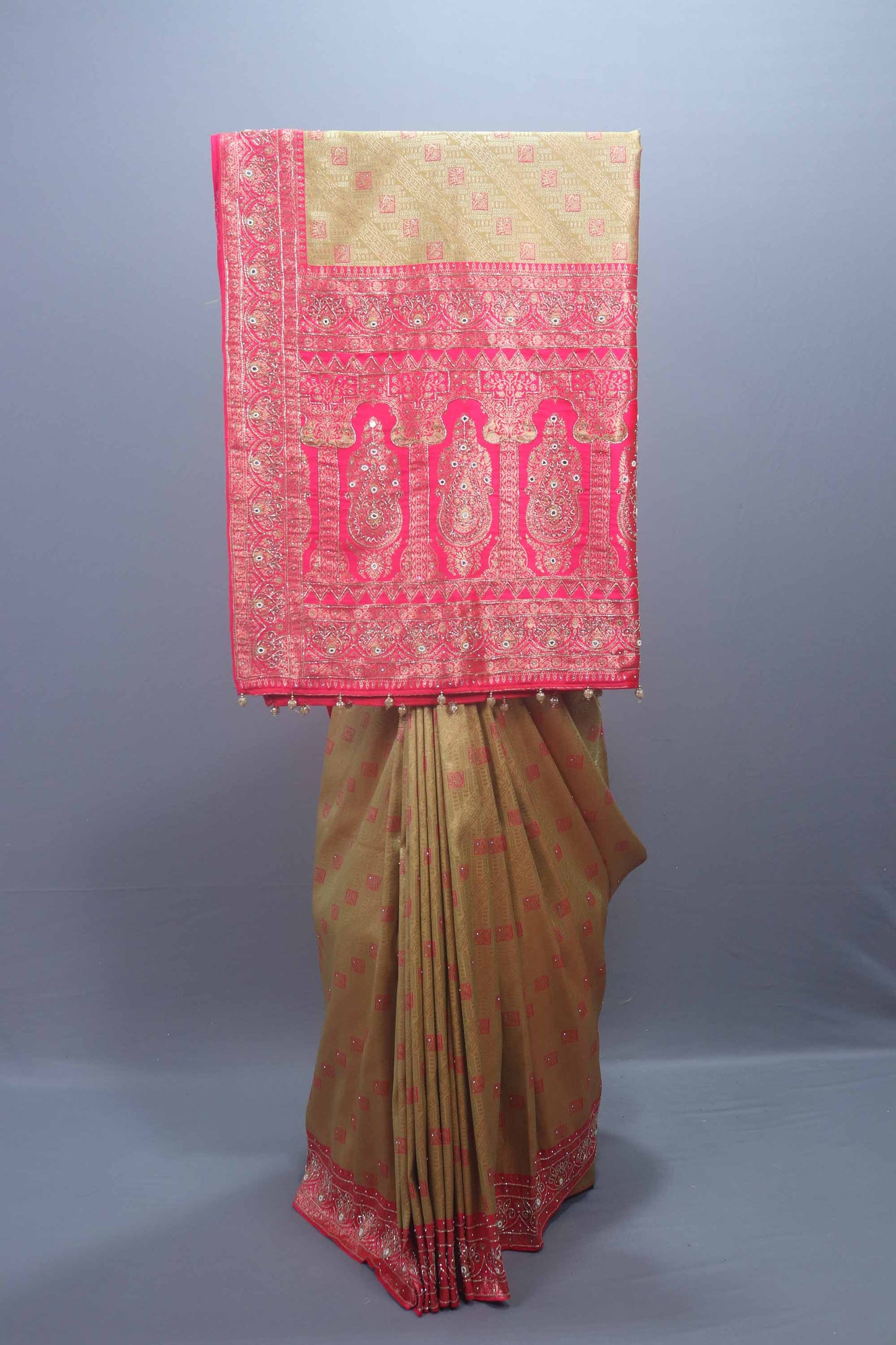 Olive Green Rani Pink Banarasi Silk Saree with Heavy Zari Border