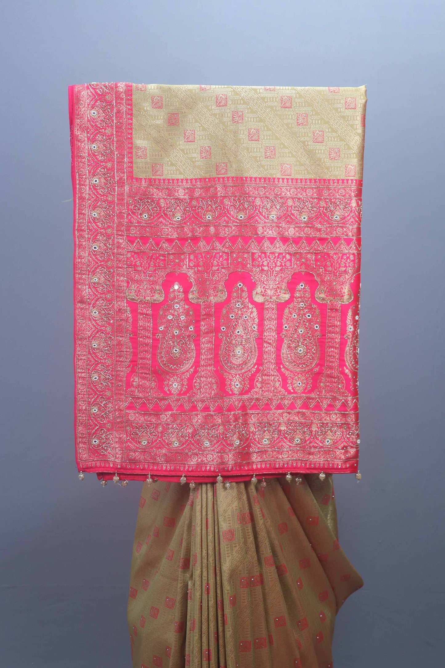 Olive Green Rani Pink Banarasi Silk Saree with Heavy Zari Border