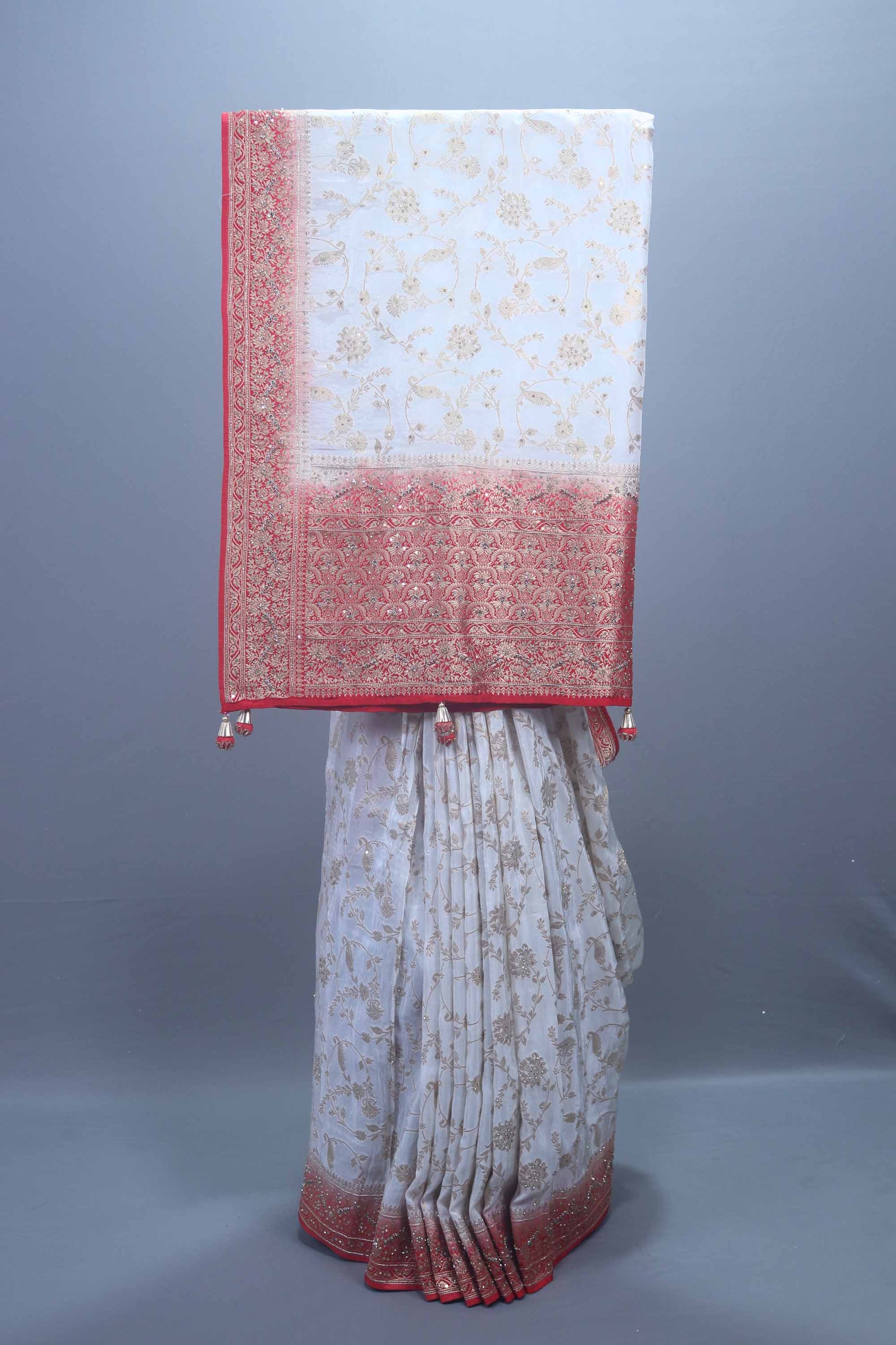Ivory White Banarasi Silk Saree with Gold Zari Red Woven Border