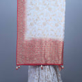 Ivory White Banarasi Silk Saree with Gold Zari Red Woven Border