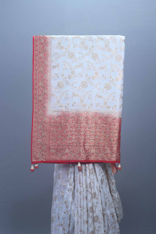 Ivory White Banarasi Silk Saree with Gold Zari Red Woven Border