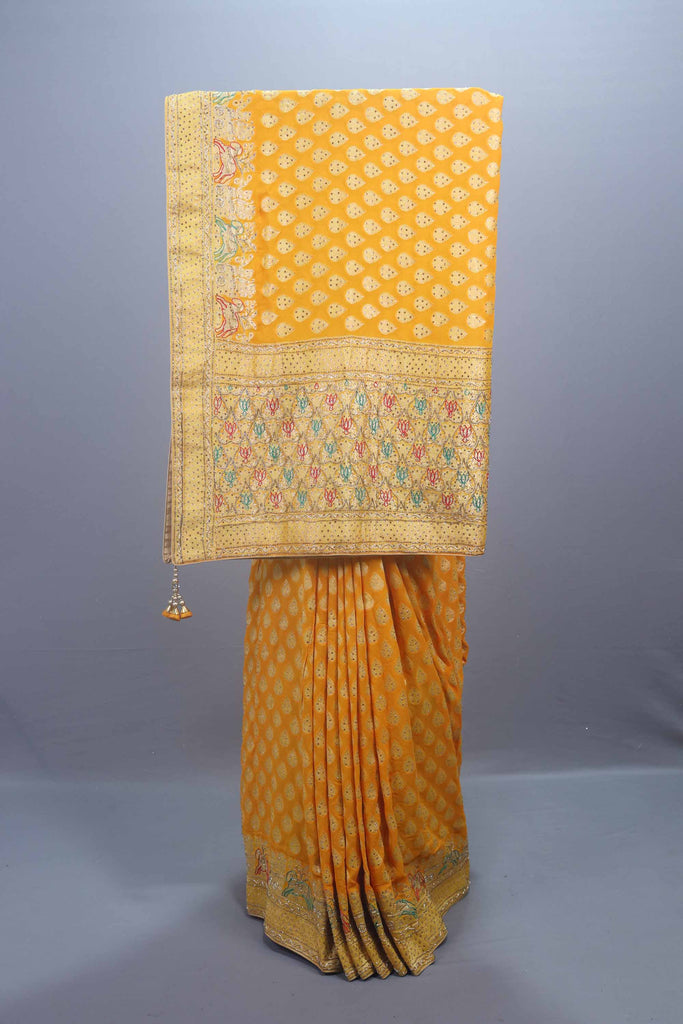 Mustard Yellow Banarasi Silk Saree with Gold Zari Butti Work,