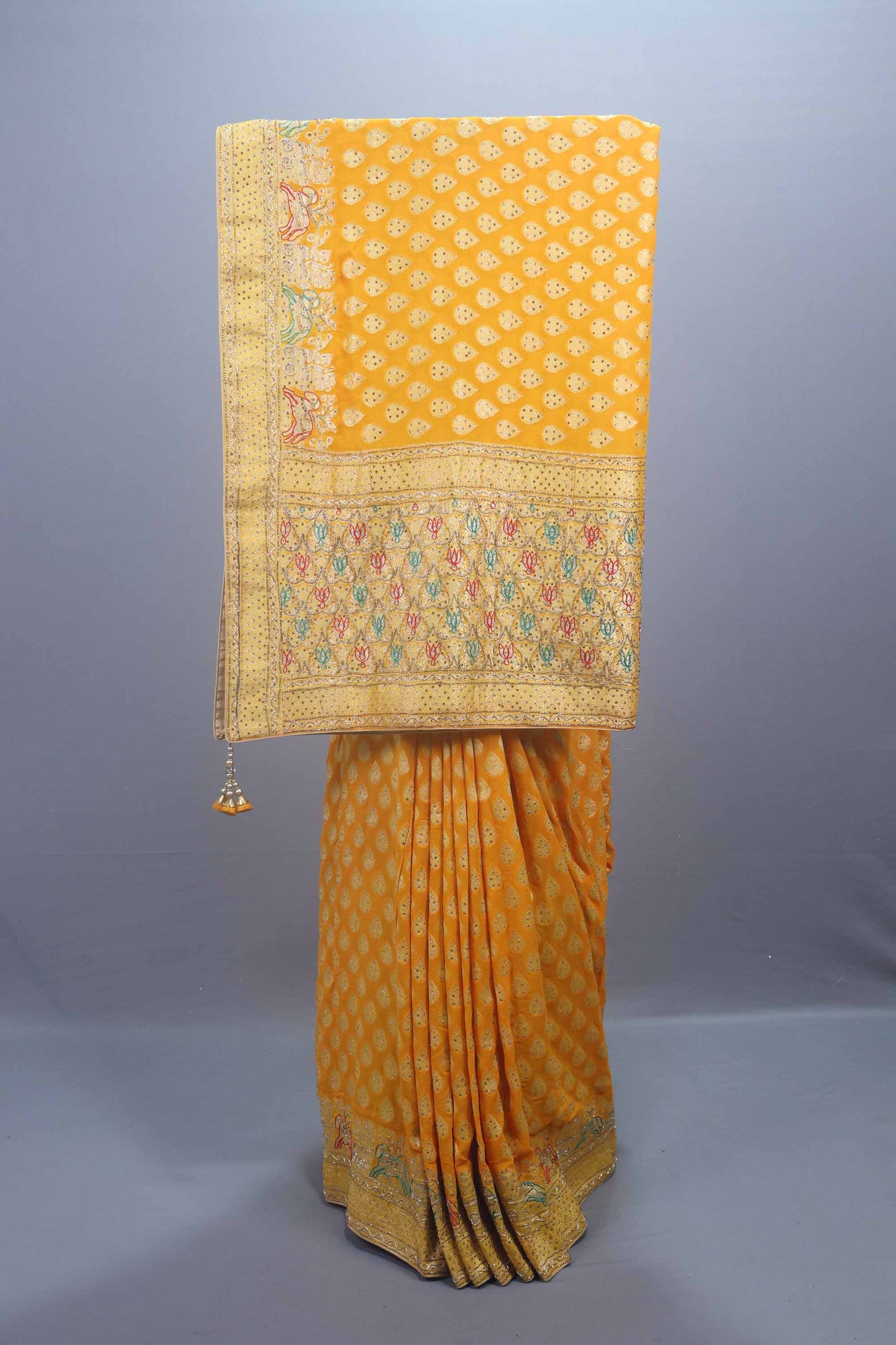 Mustard Yellow Banarasi Silk Saree with Gold Zari Butti Work,