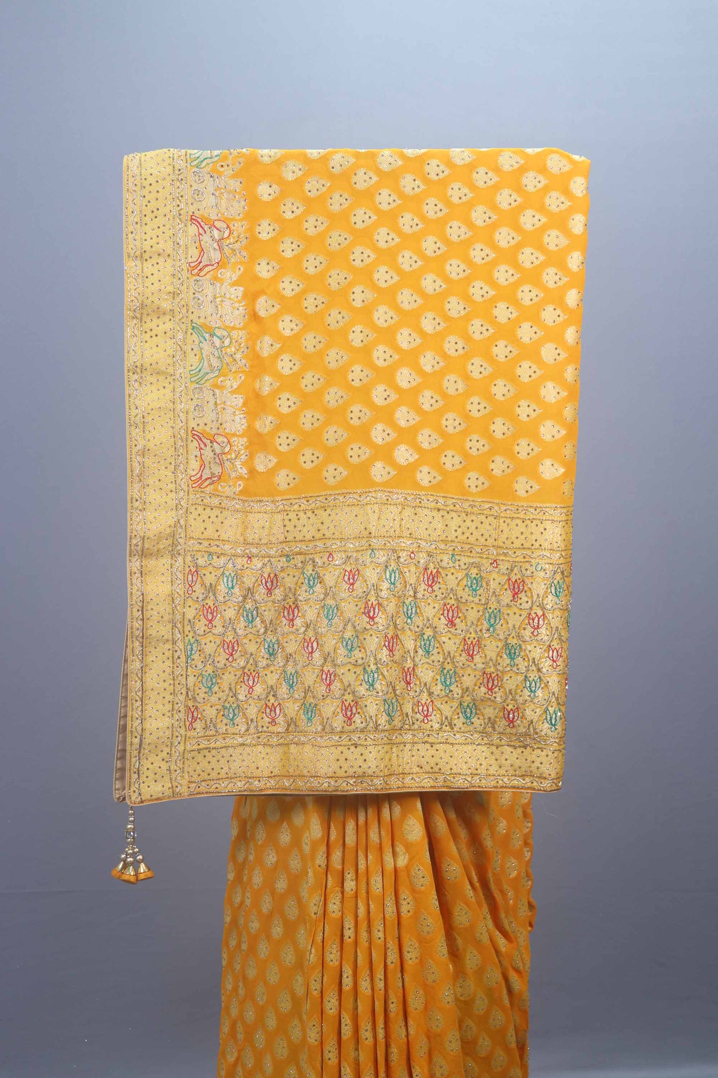 Mustard Yellow Banarasi Silk Saree with Gold Zari Butti Work,