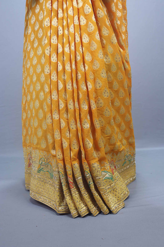 Mustard Yellow Banarasi Silk Saree with Gold Zari Butti Work,