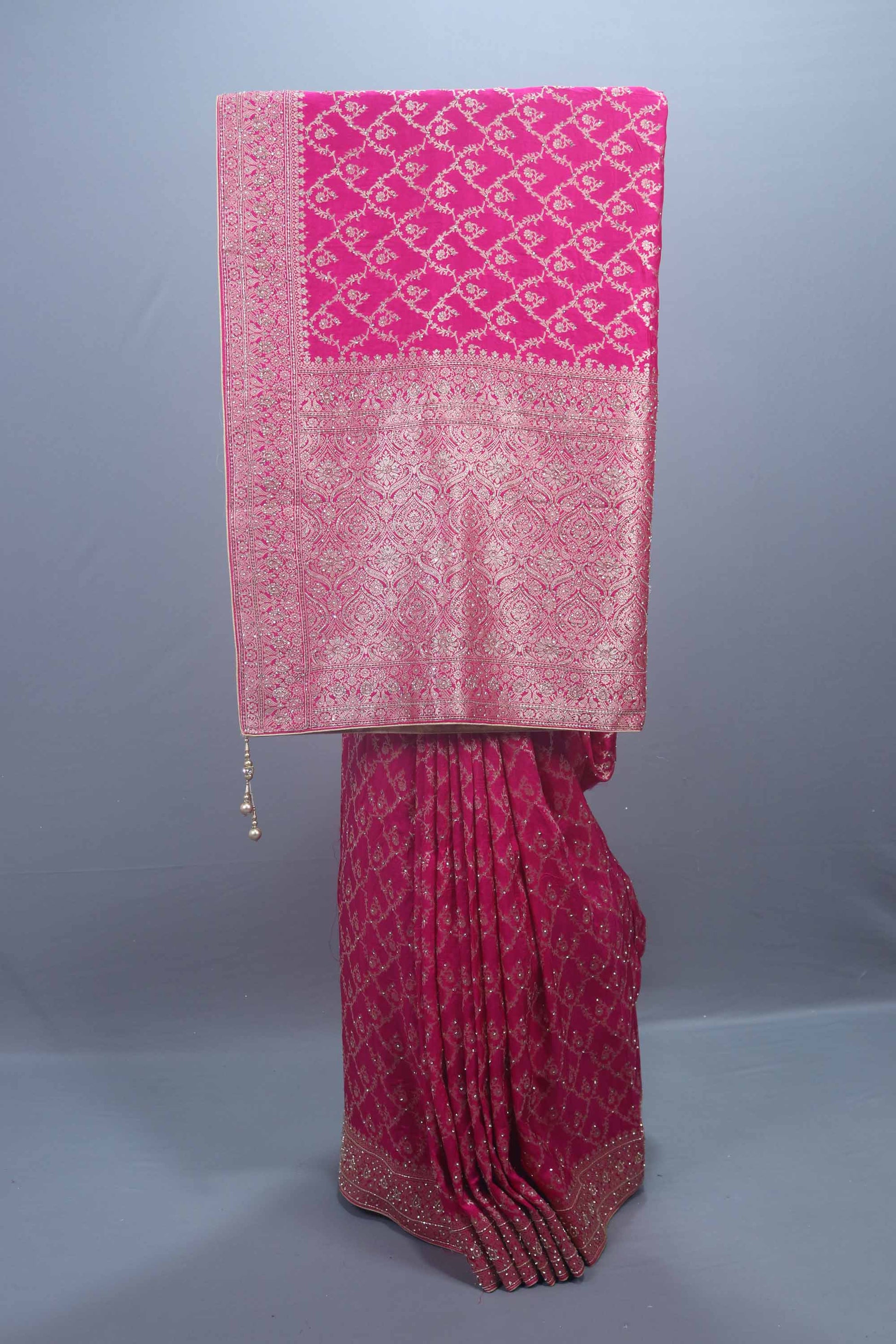 Rani Pink Banarasi Silk Saree with Heavy Gold Zari Woven Border 