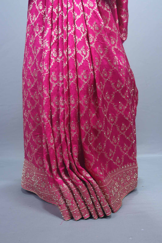 Rani Pink Banarasi Silk Saree with Heavy Gold Zari Woven Border