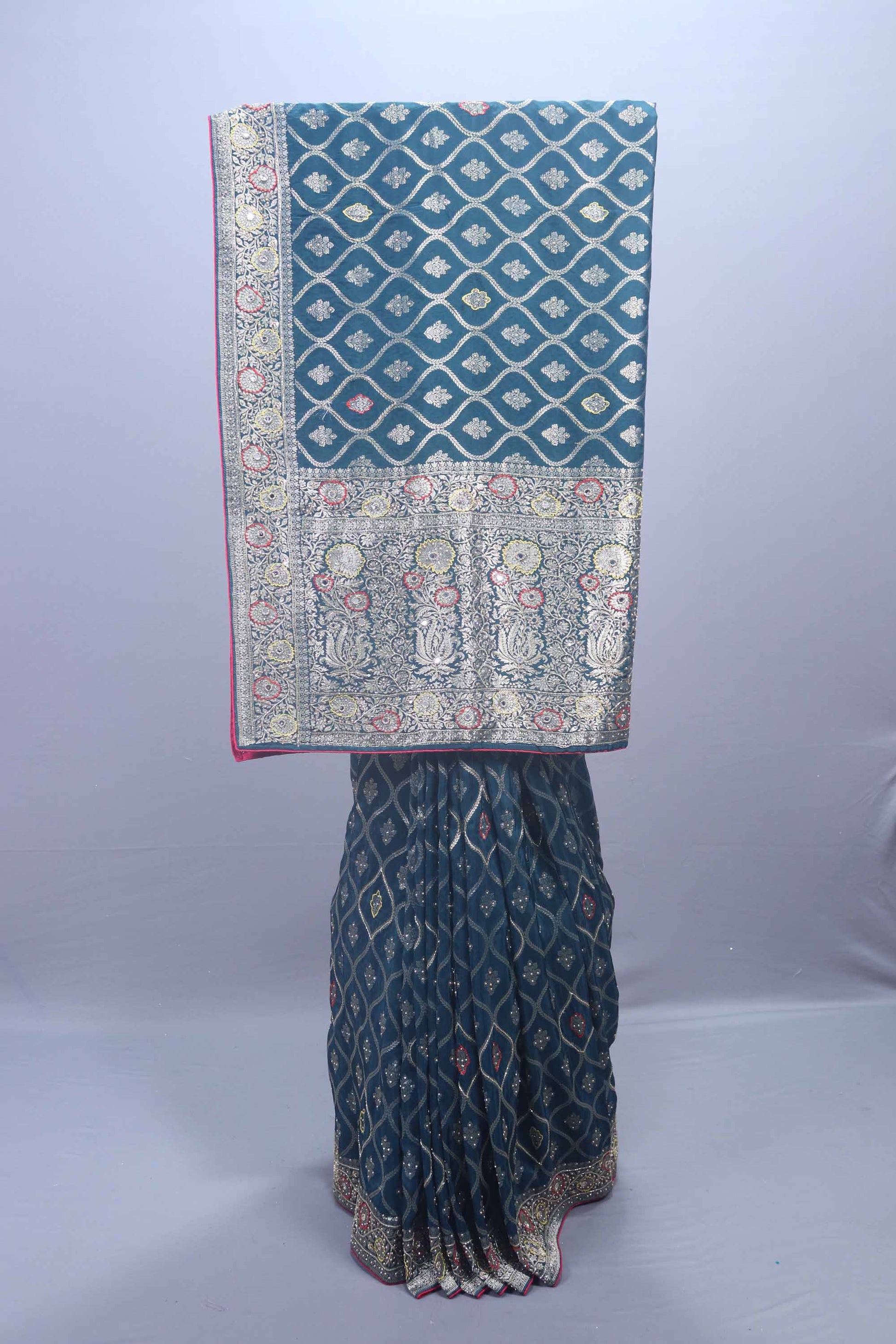 Teal Blue Banarasi Style Woven Saree with Zari Heavy Traditional Border