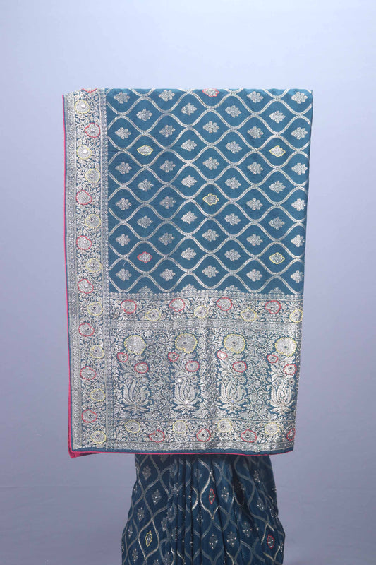 Teal Blue Banarasi Style Woven Saree with Zari Heavy Traditional Border