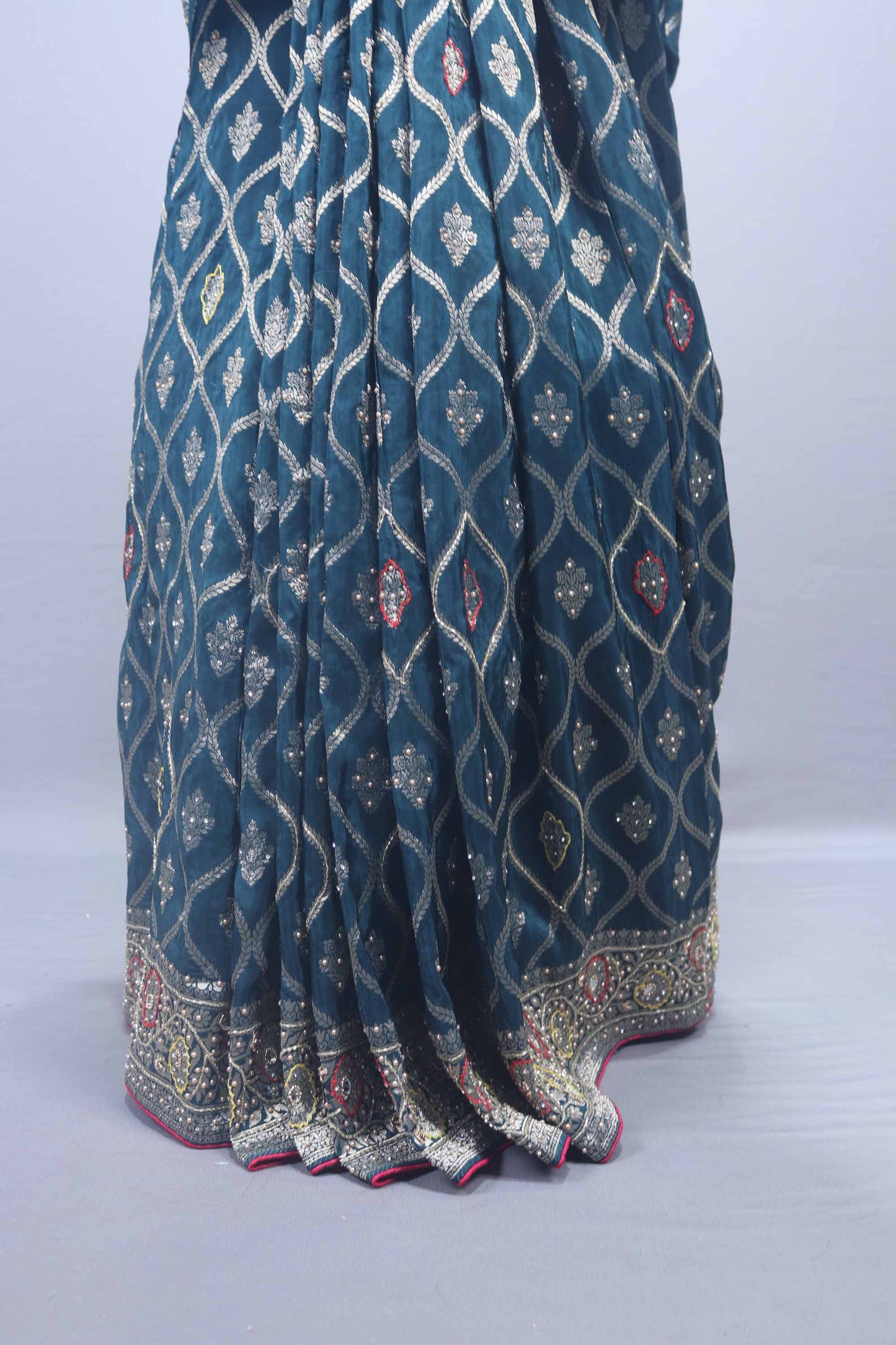 Teal Blue Banarasi Style Woven Saree with Zari Heavy Traditional Border