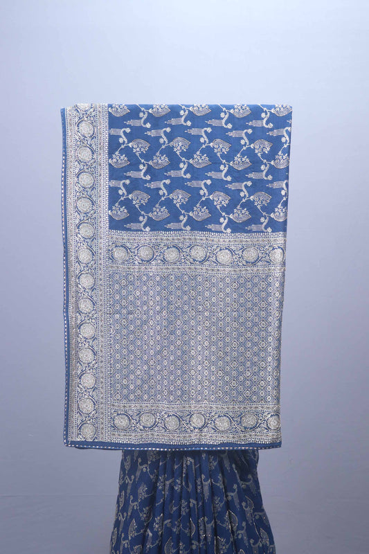 Royal Blue Banarasi Style Woven Saree Rich Pallu Heavy Traditional Border