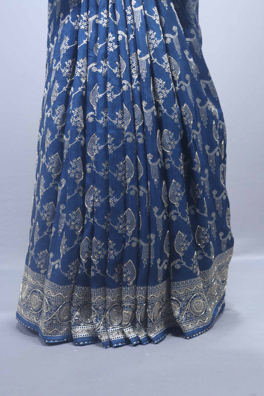 Royal Blue Banarasi Style Woven Saree Rich Pallu Heavy Traditional Border